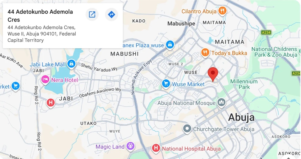 Map showing Alpha Morgan Bank head office at 44 Adetokunbo Ademola Crescent, Wuse II, Abuja