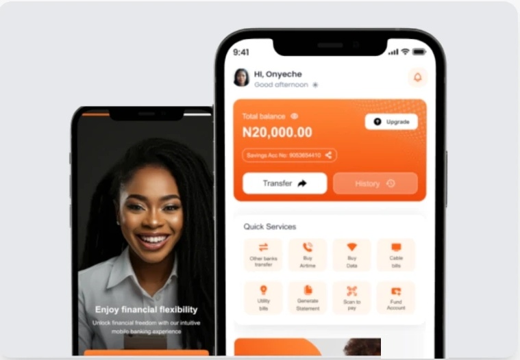 Alpha Morgan Bank mobile app shown on two smartphones